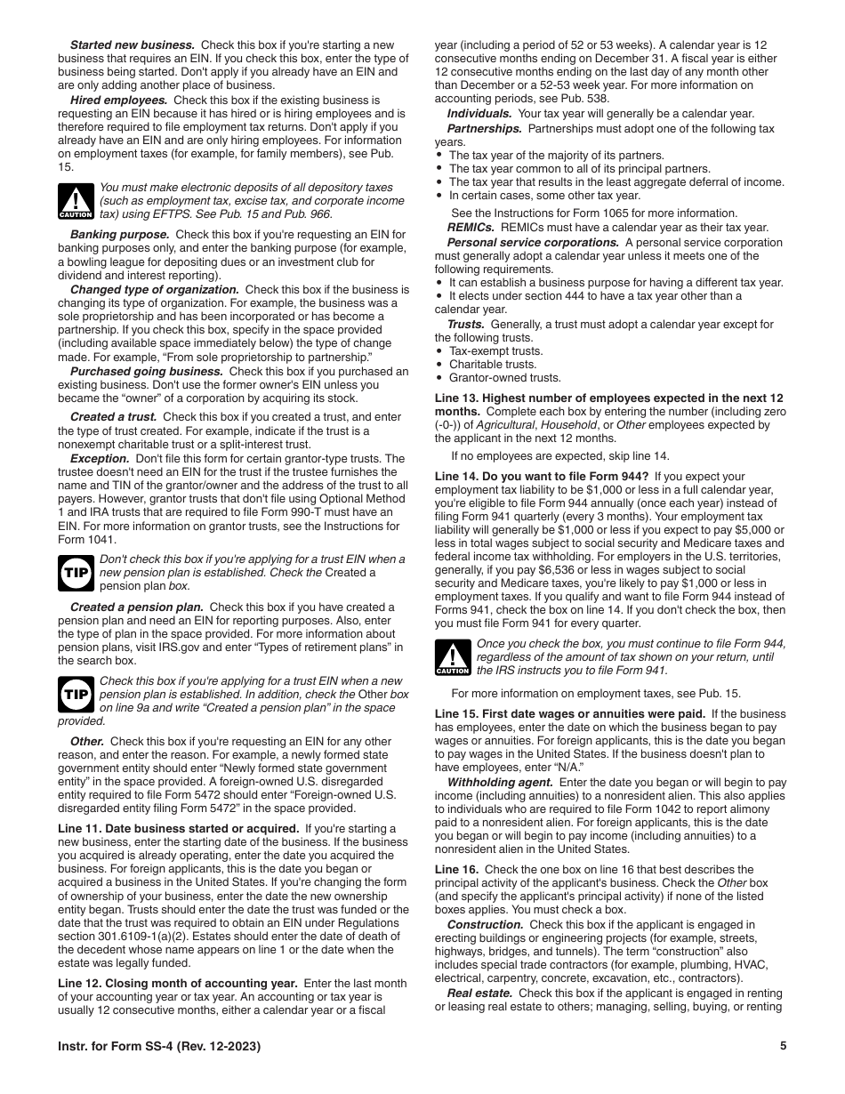 Instructions for IRS Form SS-4 Application for Employer Identification Number (Ein), Page 5