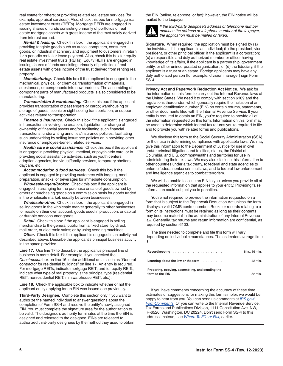 Instructions for IRS Form SS-4 Application for Employer Identification Number (Ein), Page 6