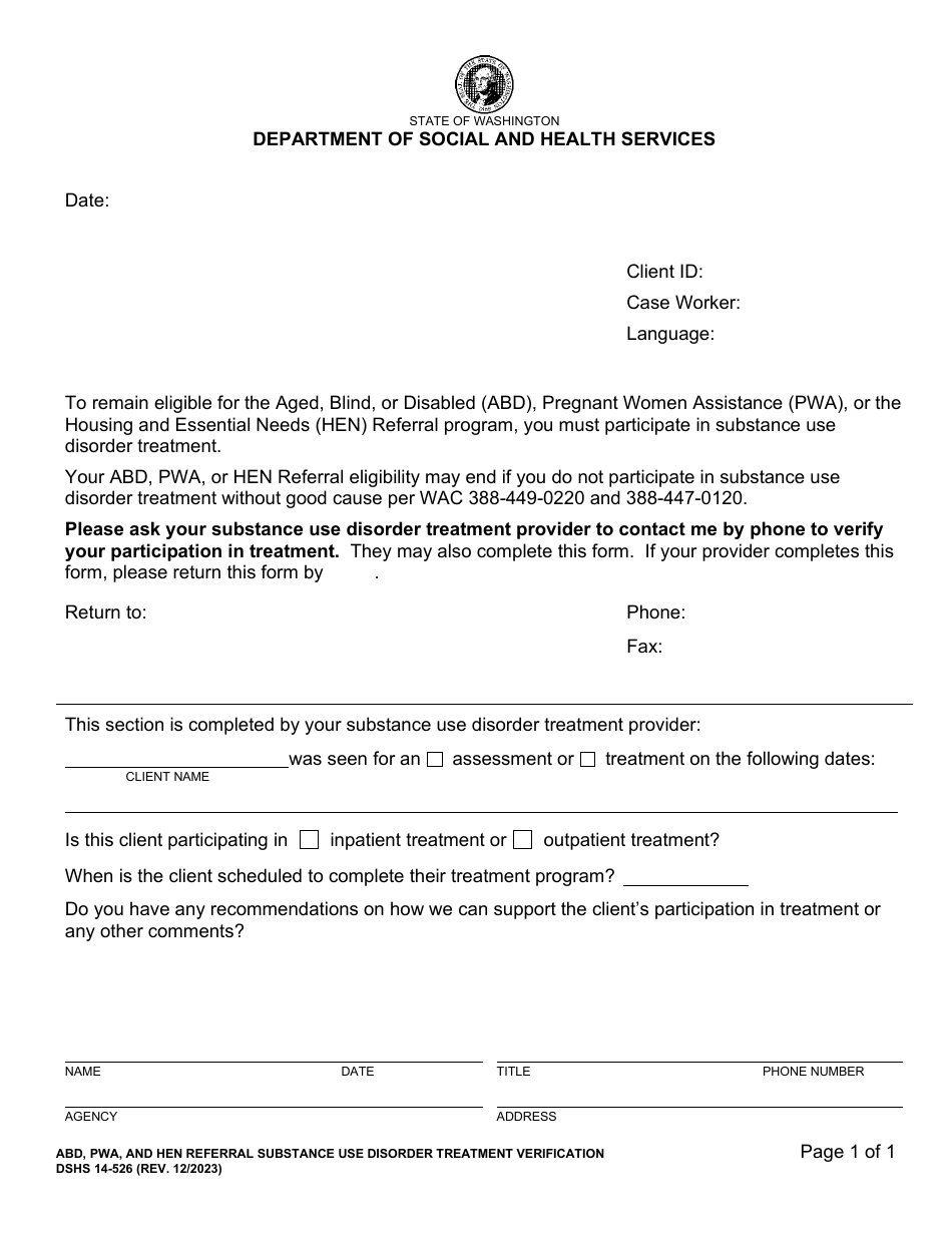 DSHS Form 14-526 Abd, Pwa, and Hen Referral Substance Use Disorder Treatment Verification - Washington, Page 1