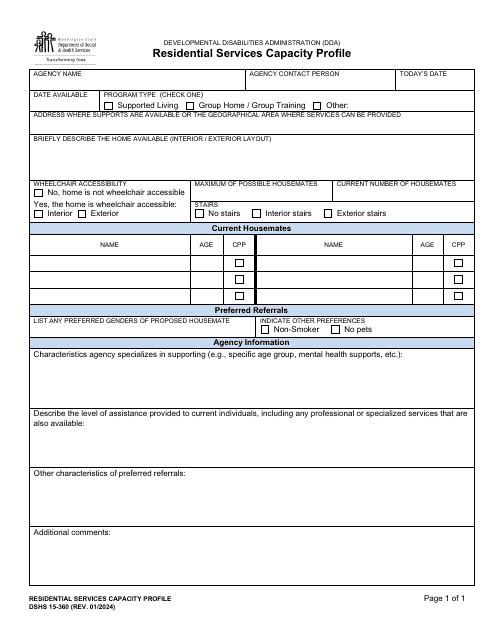 DSHS Form 15-360 Residential Services Capacity Profile - Washington