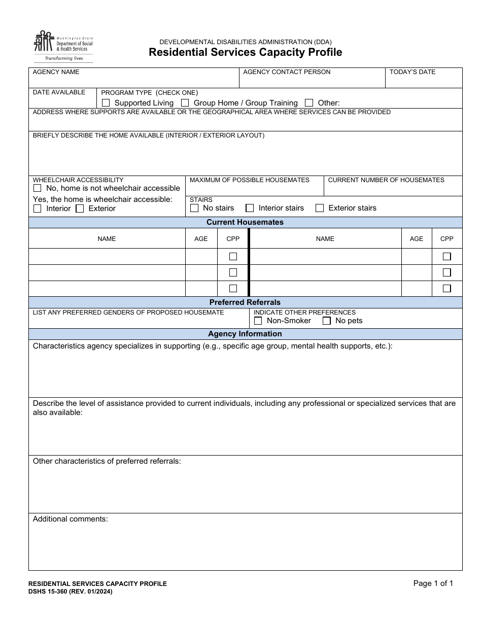 DSHS Form 15-360 Residential Services Capacity Profile - Washington, Page 1