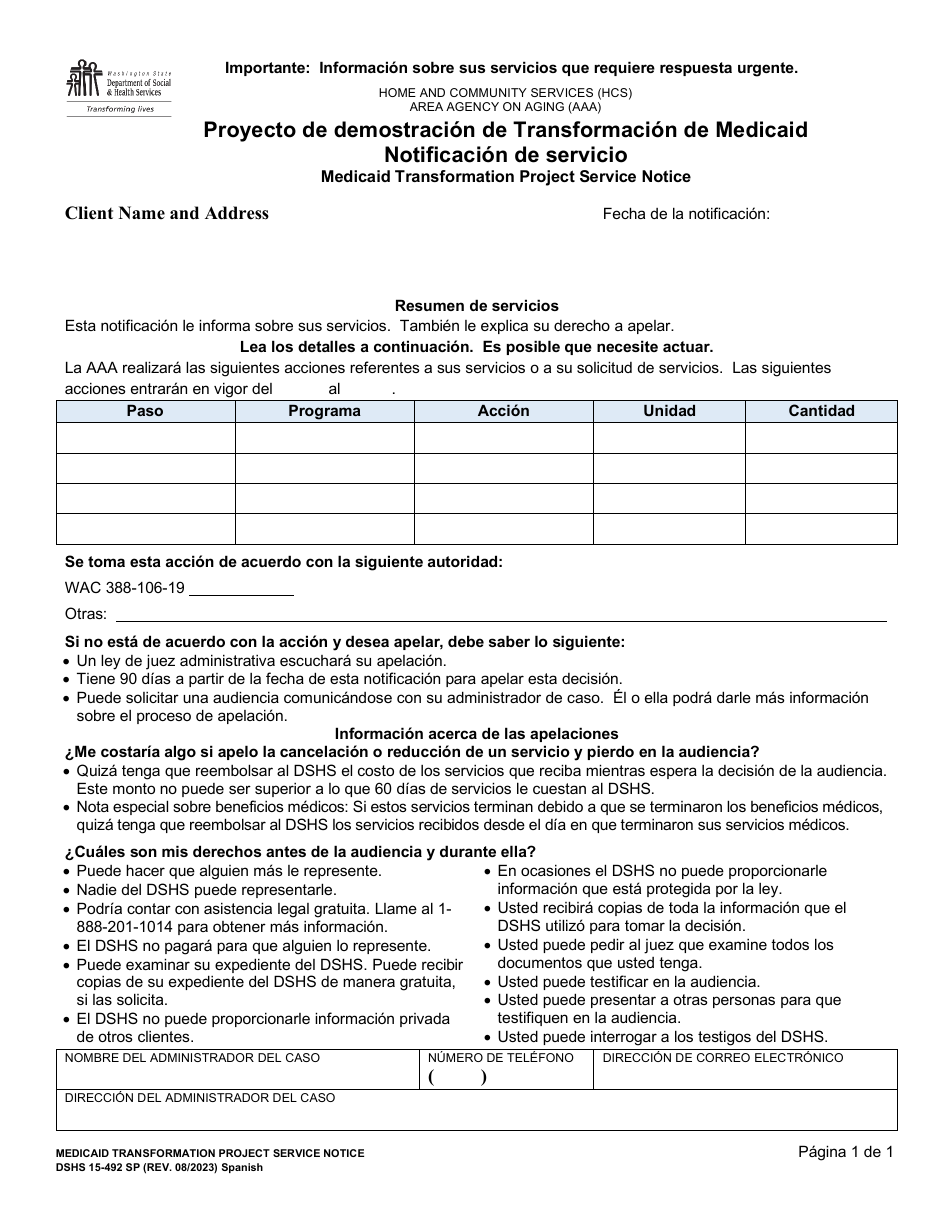 DSHS Formulario 15-492 Proyecto De Demostracion De Transformacion De Medicaid Notificacion De Servicio - Washington (Spanish), Page 1
