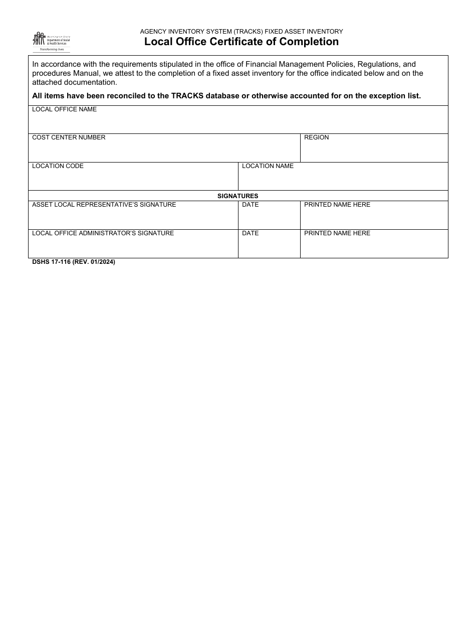 DSHS Form 17-116 Local Office Certificate of Completion - Washington, Page 1