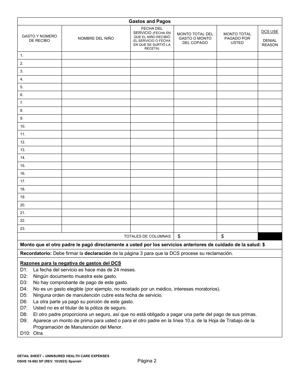 DSHS Formulario 18-682 Hoja De Detalles - Gastos De Cuidado De La Salud No Cubiertos Por El Seguro - Washington (Spanish), Page 2