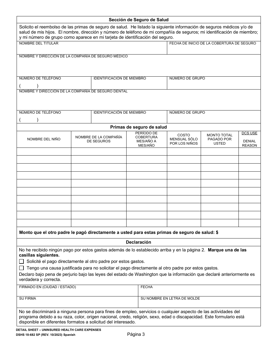 DSHS Formulario 18-682 Hoja De Detalles - Gastos De Cuidado De La Salud No Cubiertos Por El Seguro - Washington (Spanish), Page 3