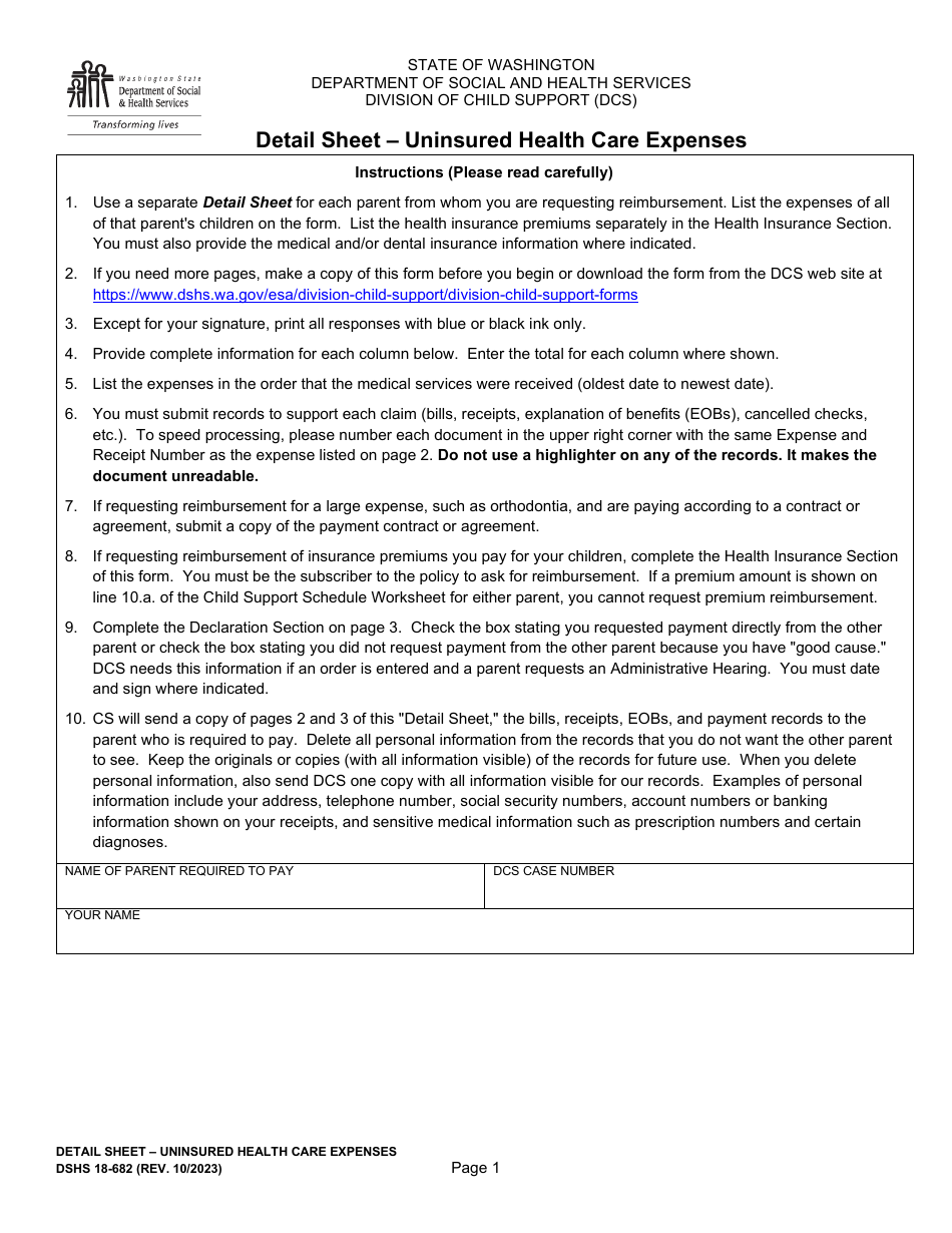 DSHS Form 18682 Fill Out, Sign Online and Download Printable PDF
