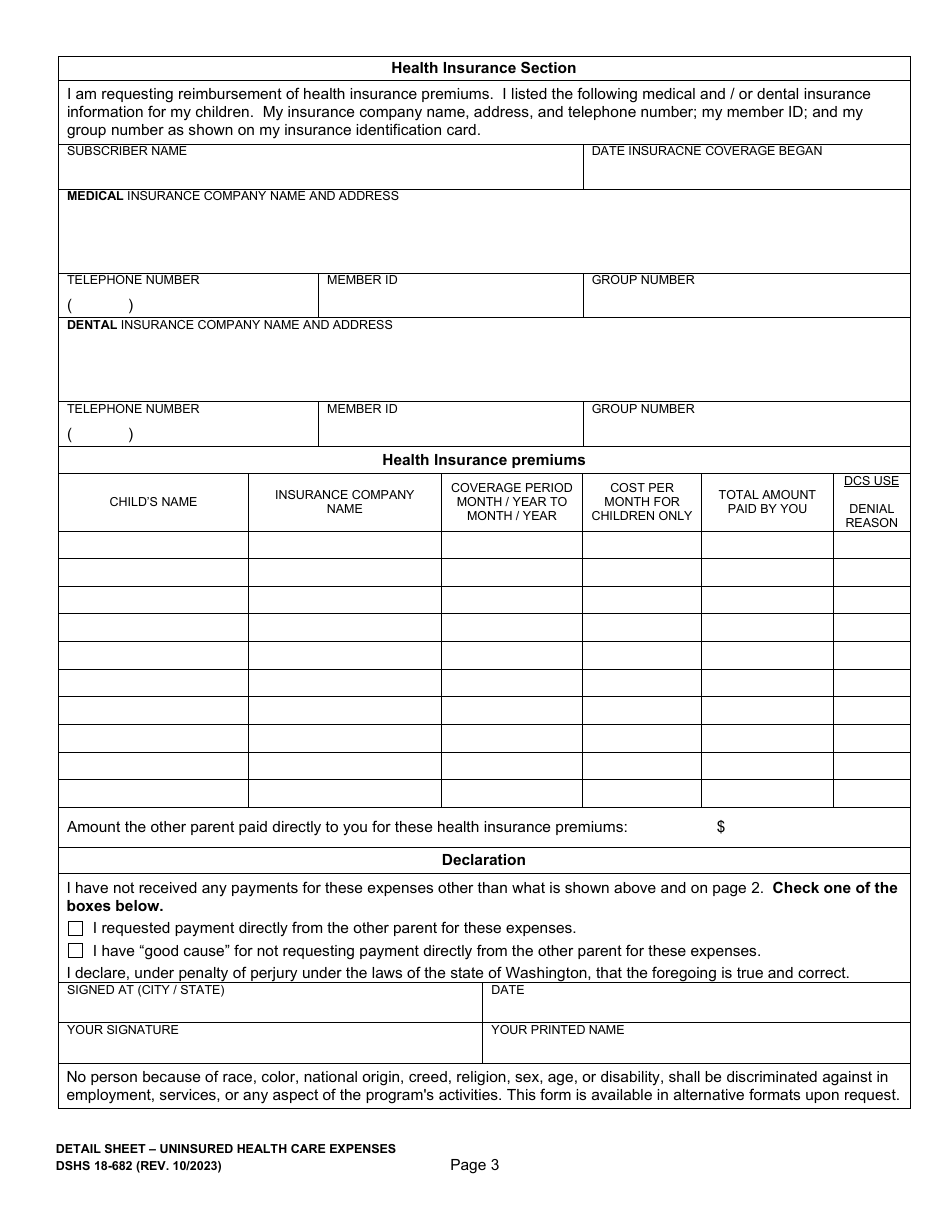 DSHS Form 18-682 Detail Sheet - Uninsured Health Care Expenses - Washington, Page 3