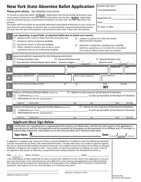 New York State Absentee Ballot Application - New York Download Pdf