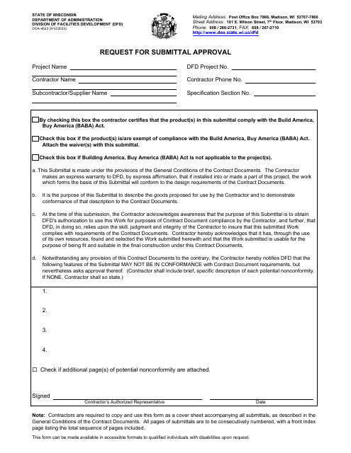Form DOA-4523 Request for Submittal Approval - Wisconsin