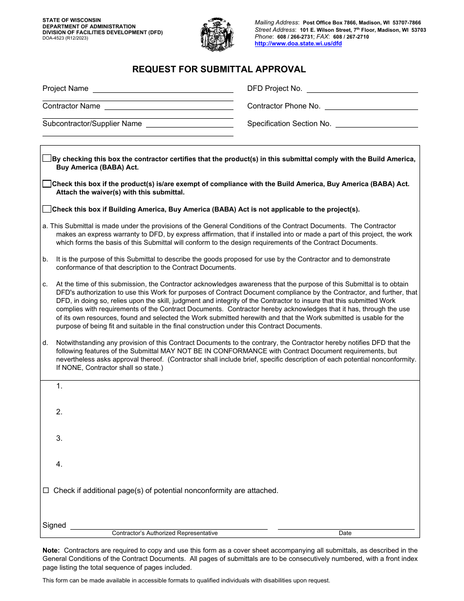 Form DOA-4523 Request for Submittal Approval - Wisconsin, Page 1