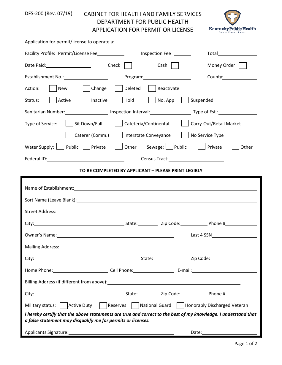Form DFS-200 Application for Permit or License - Kentucky, Page 1