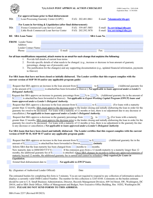 SBA Form 2237 7(A) Loan Post Approval Action Checklist