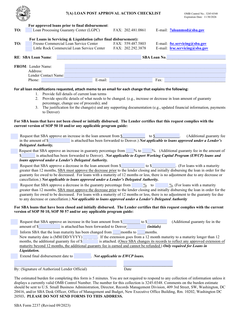 SBA Form 2237 Download Fillable PDF or Fill Online 7(A) Loan Post