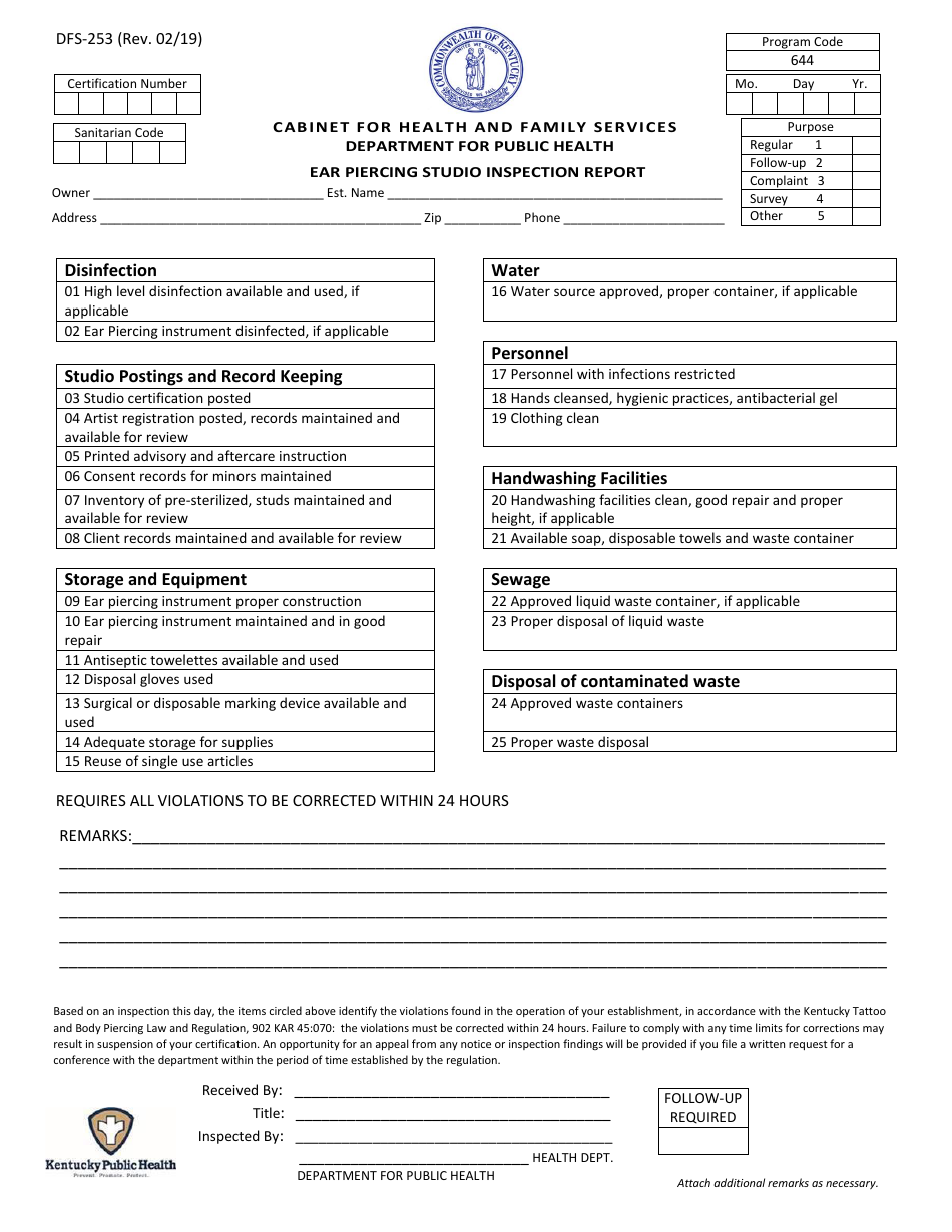 Form DFS-253 Ear Piercing Studio Inspection Report - Kentucky, Page 1