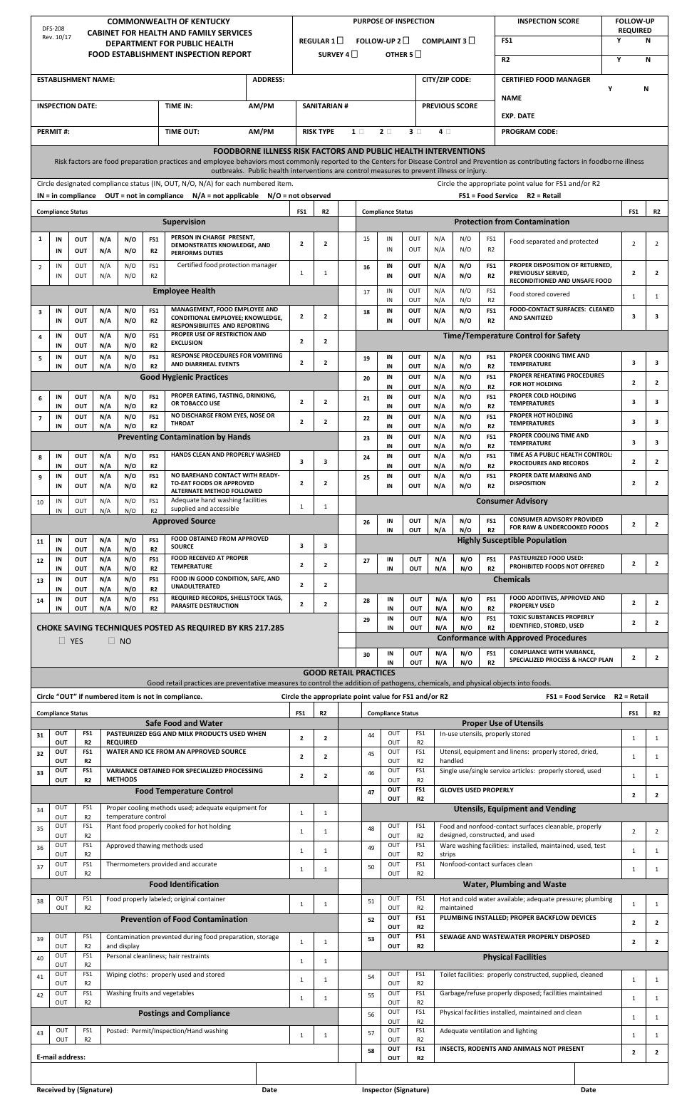 Form DFS-208 Food Establishment Inspection Report - Kentucky, Page 1