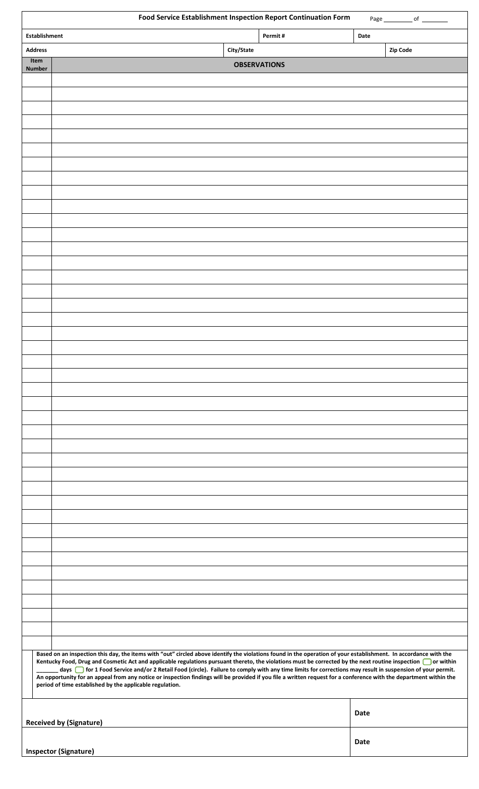 Form DFS-208 Food Establishment Inspection Report - Kentucky, Page 2