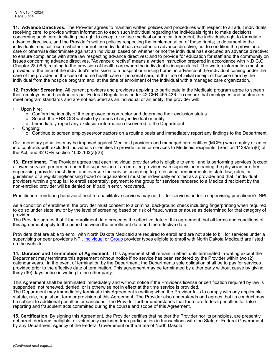 Form SFN615 Medicaid Program Provider Agreement - North Dakota, Page 3