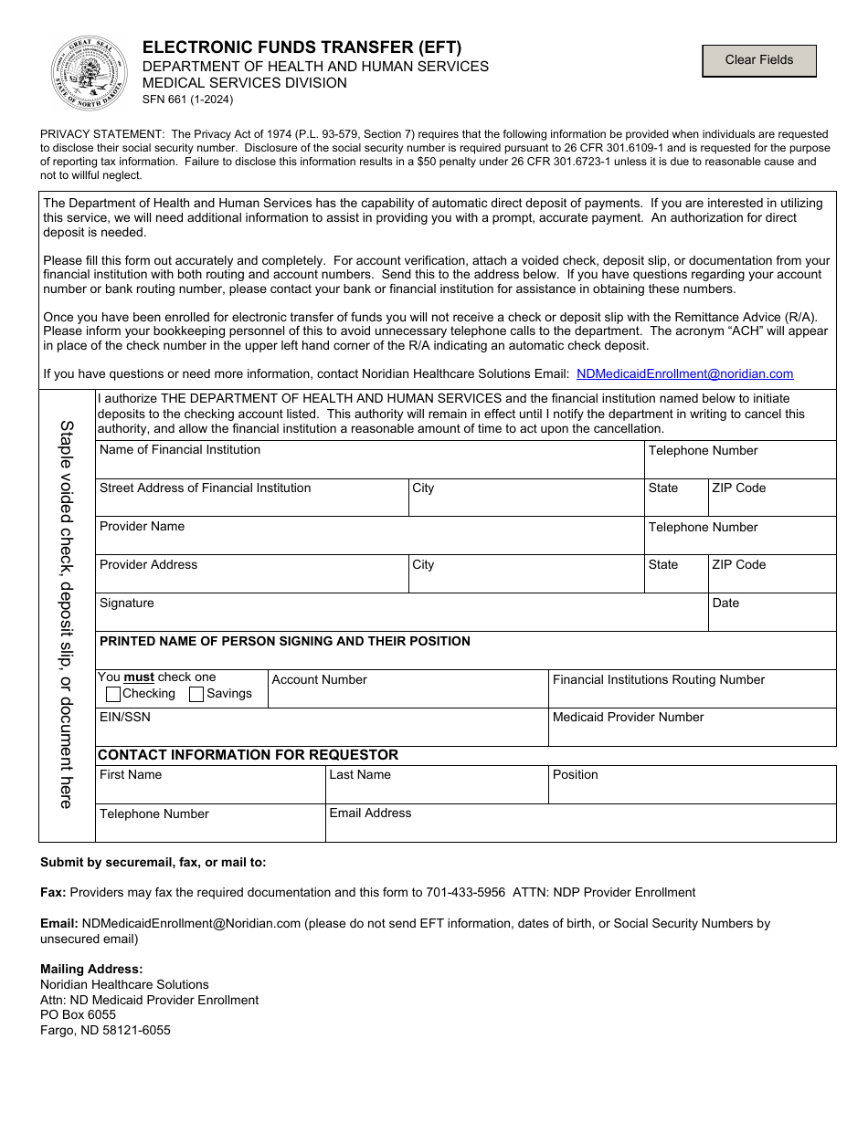 Form SFN661 Electronic Funds Transfer (Eft) - North Dakota, Page 1