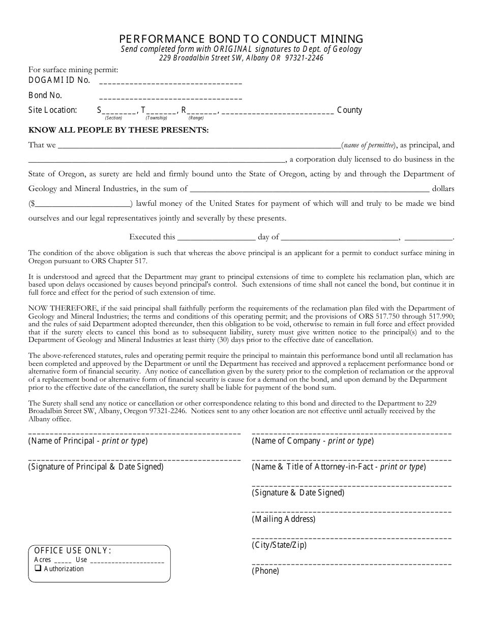 Oregon Performance Bond to Conduct Mining - Fill Out, Sign Online and ...