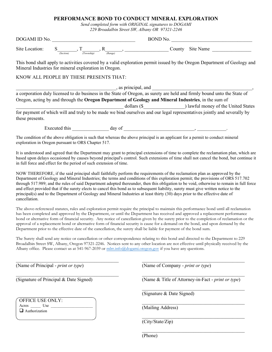 Oregon Performance Bond to Conduct Mineral Exploration - Fill Out, Sign ...