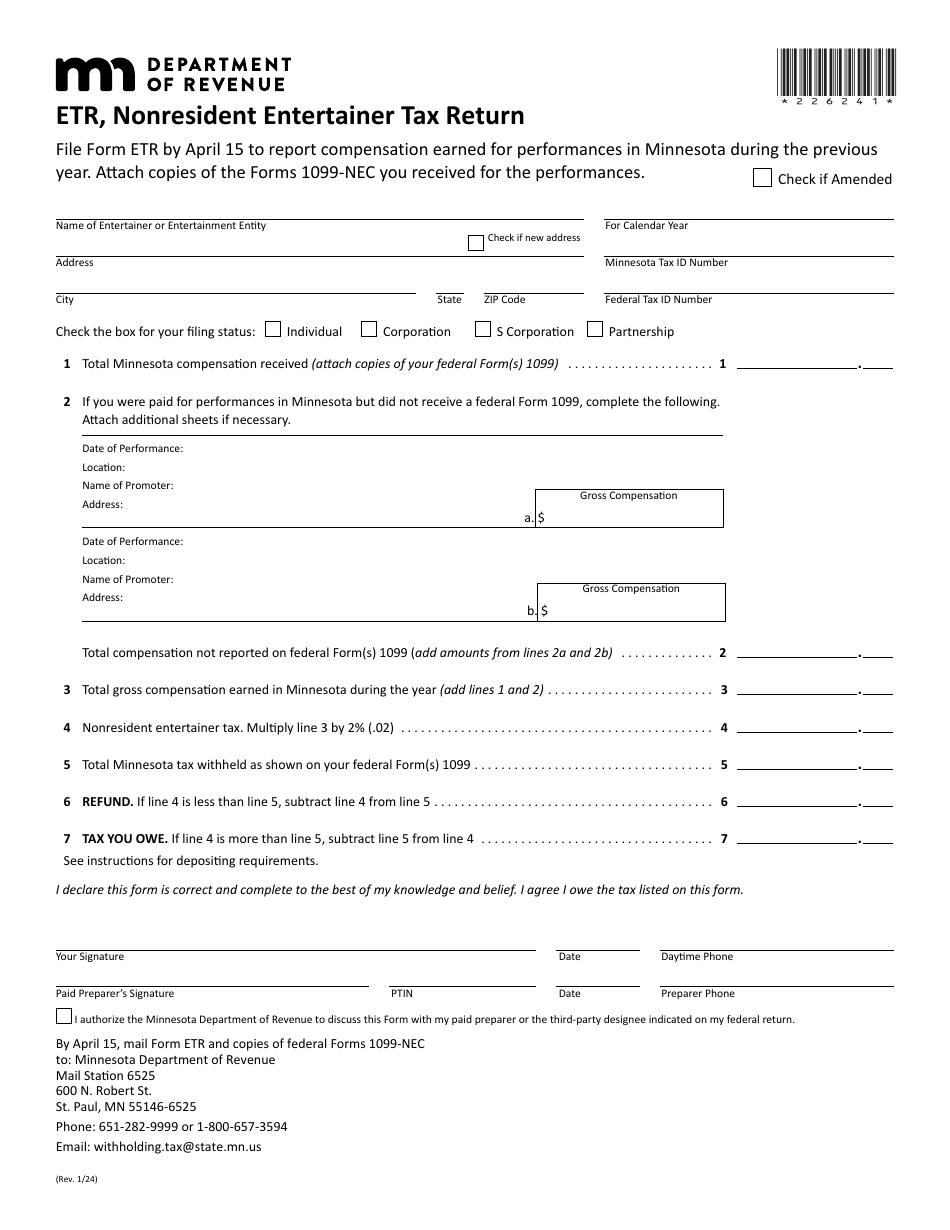 Form ETR Nonresident Entertainer Tax Return - Minnesota, Page 1