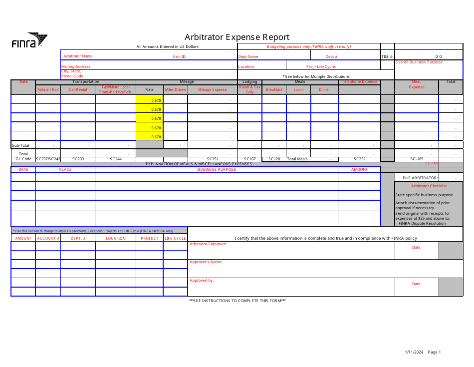 Arbitrator Expense Report, Page 1