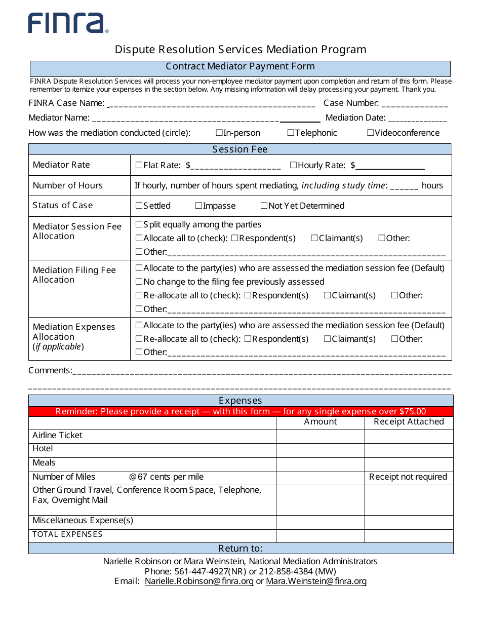 Contract Mediator Payment Form - Dispute Resolution Services Mediation Program, Page 1