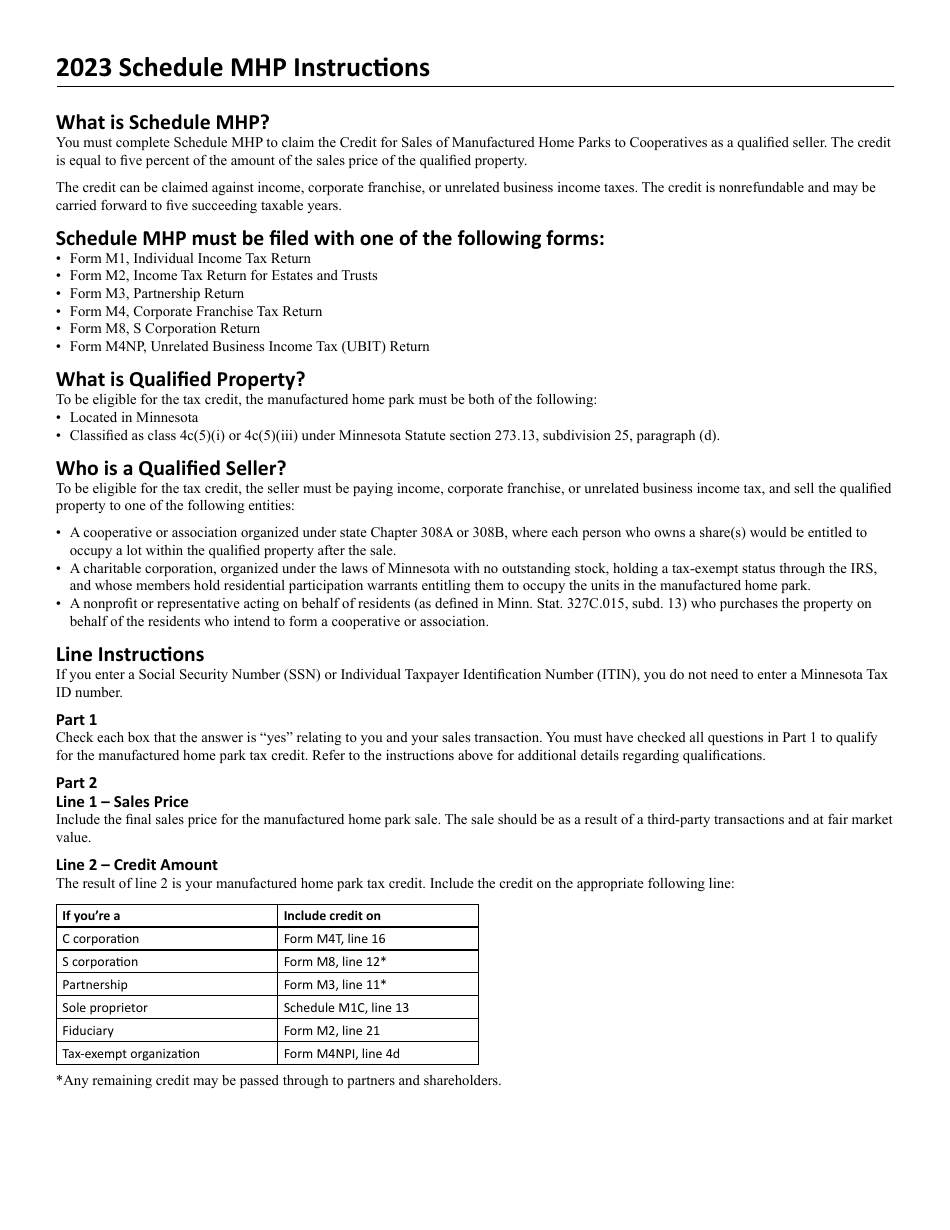 Schedule MHP Credit for Sales of Manufactured Home Parks to Cooperatives - Minnesota, Page 2