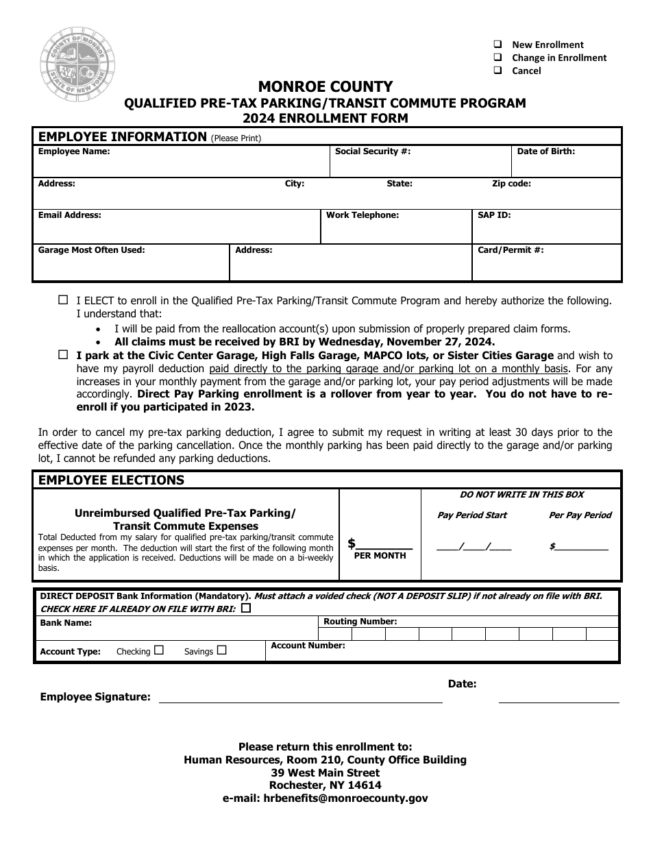 Qualified Pre-tax Parking / Transit Commute Program Enrollment Form - Monroe County, New York, Page 1