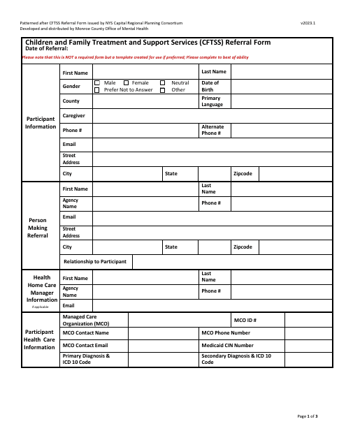 Children and Family Treatment and Support Services (Cftss) Referral Form - Monroe County, New York