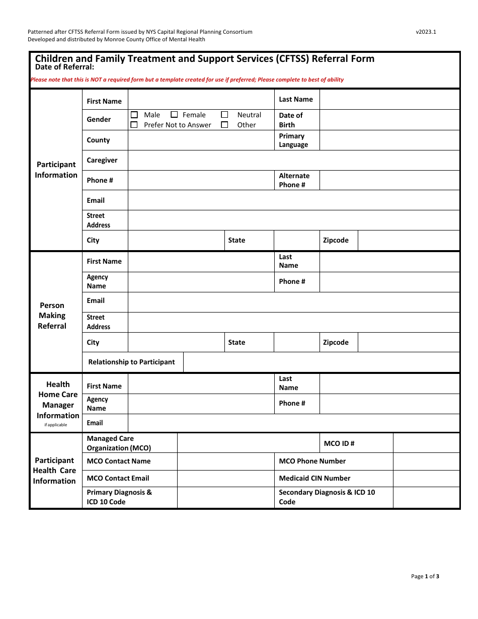 Children and Family Treatment and Support Services (Cftss) Referral Form - Monroe County, New York, Page 1