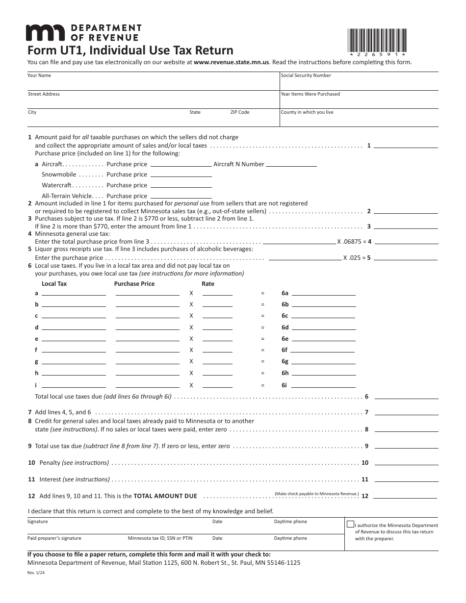Form UT1 Individual Use Tax Return - Minnesota, Page 1
