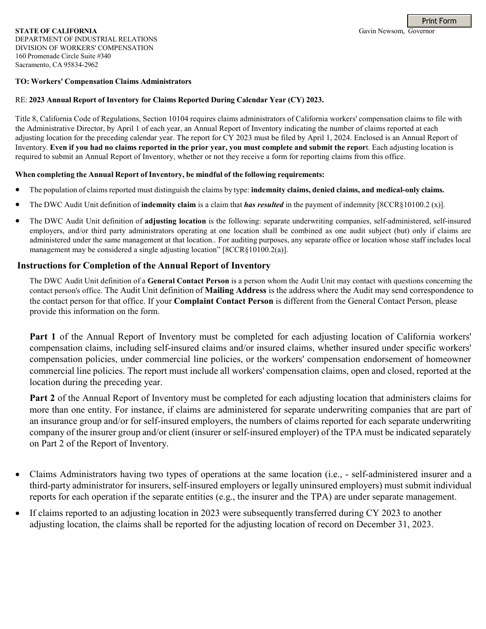 Form DWC-851 Annual Report of Claims Inventory - California, Page 1