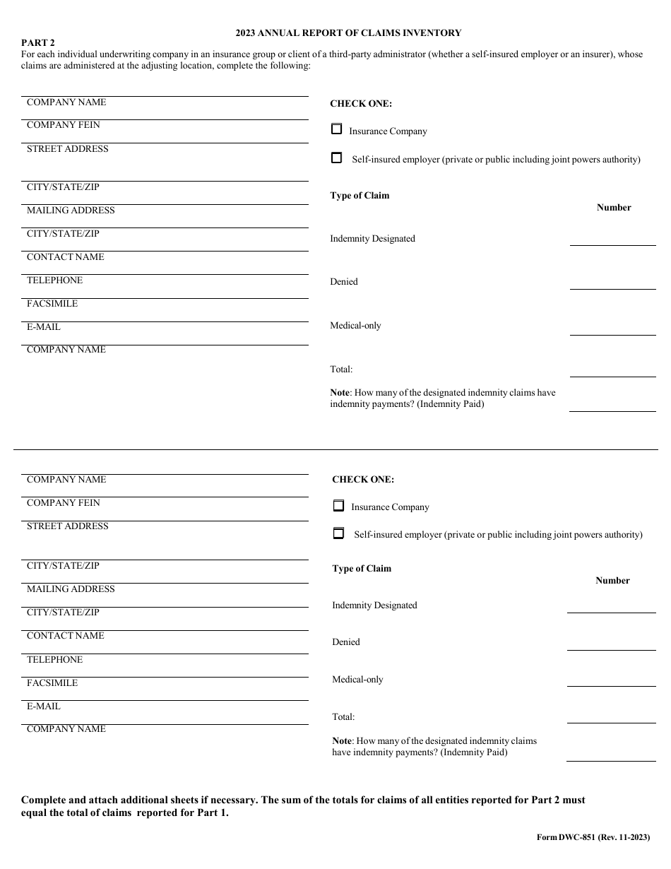 Form DWC-851 Download Fillable PDF or Fill Online Annual Report of ...