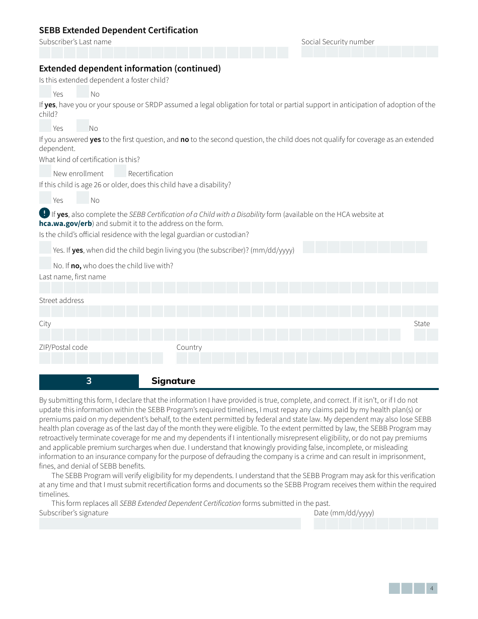 Form HCA20-0084 Sebb Extended Dependent Certification - Washington, Page 4