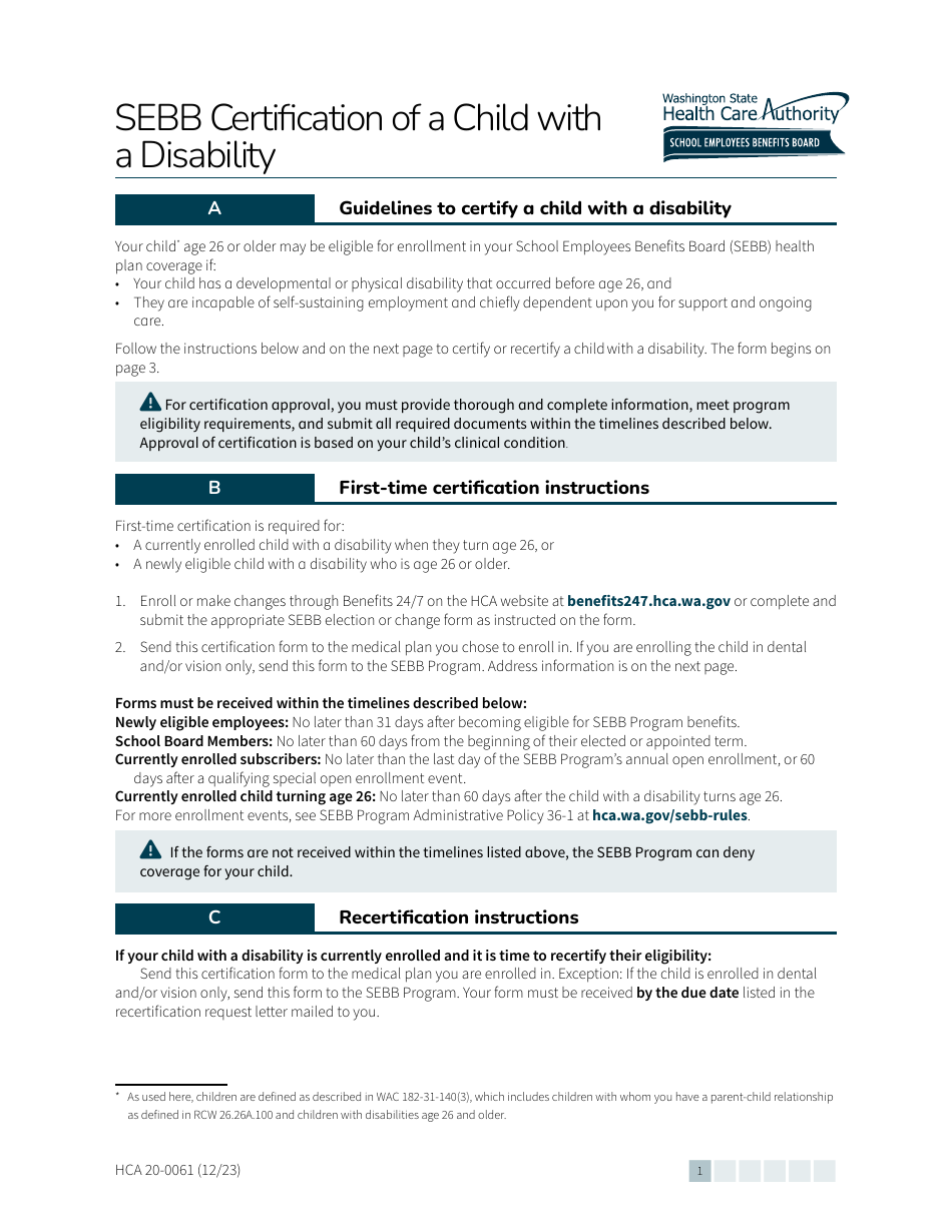 Form HCA20-0061 Sebb Certification of a Child With a Disability - Washington, Page 1