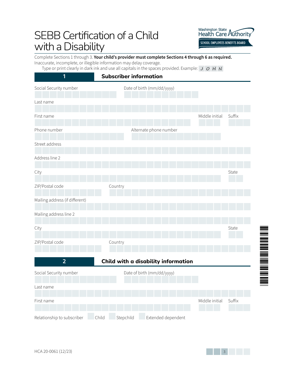 Form HCA20-0061 Sebb Certification of a Child With a Disability - Washington, Page 3