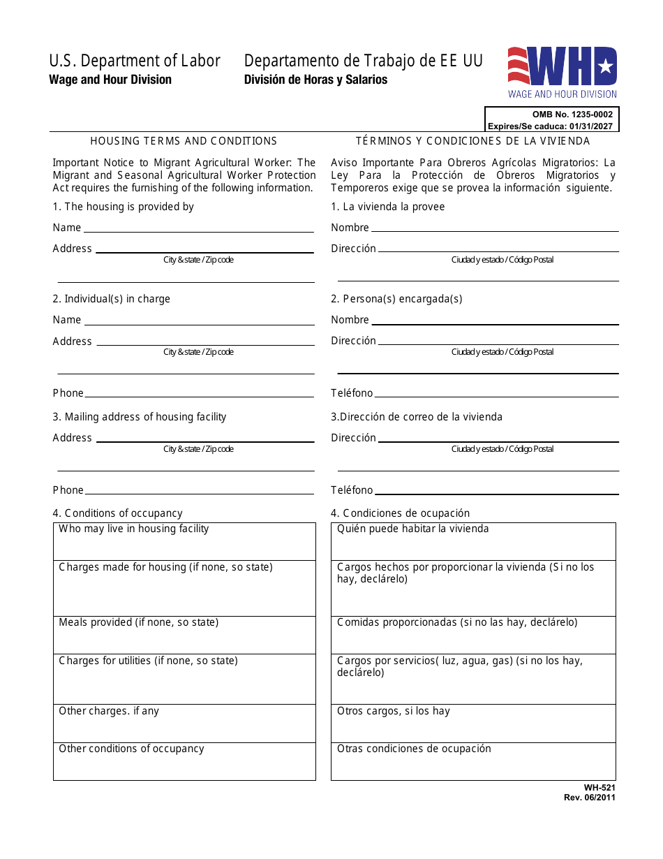 Form WH-521 Housing Terms and Conditions (English / Spanish), Page 1