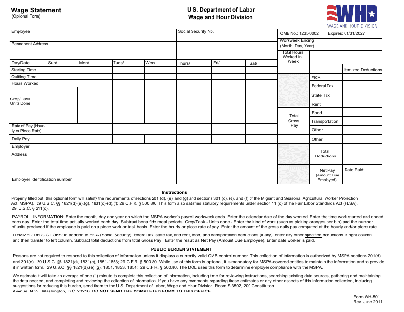Form WH-501 Wage Statement