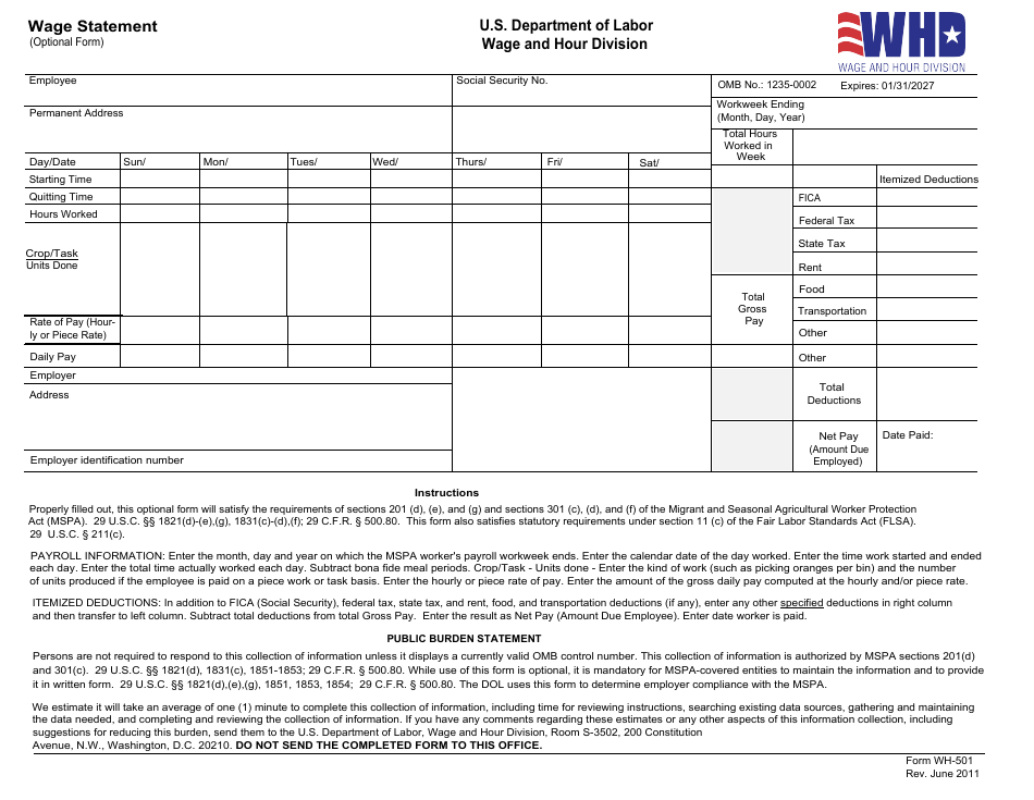 Form WH-501 Wage Statement, Page 1