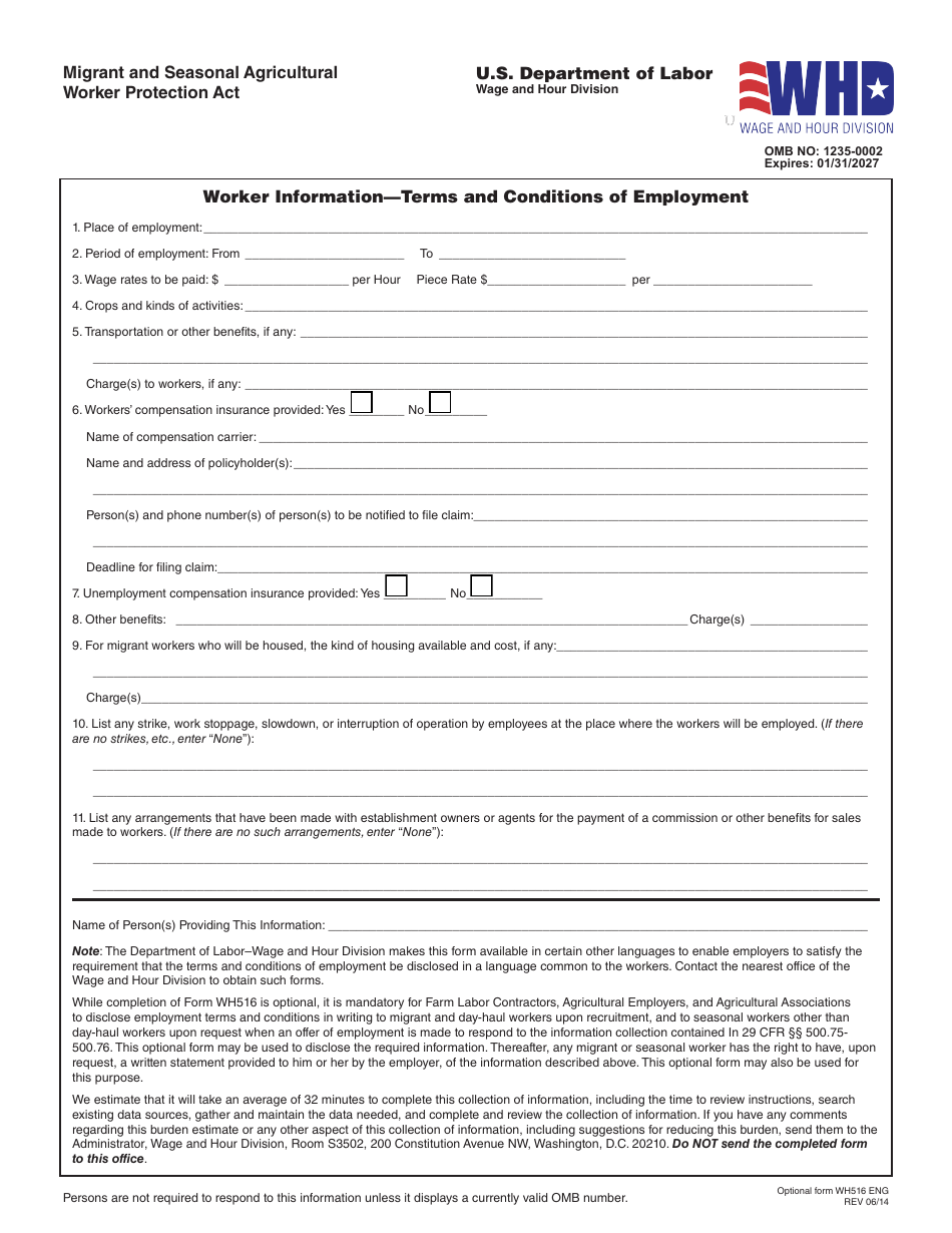Form WH-516 Worker Information - Terms and Conditions of Employment, Page 1