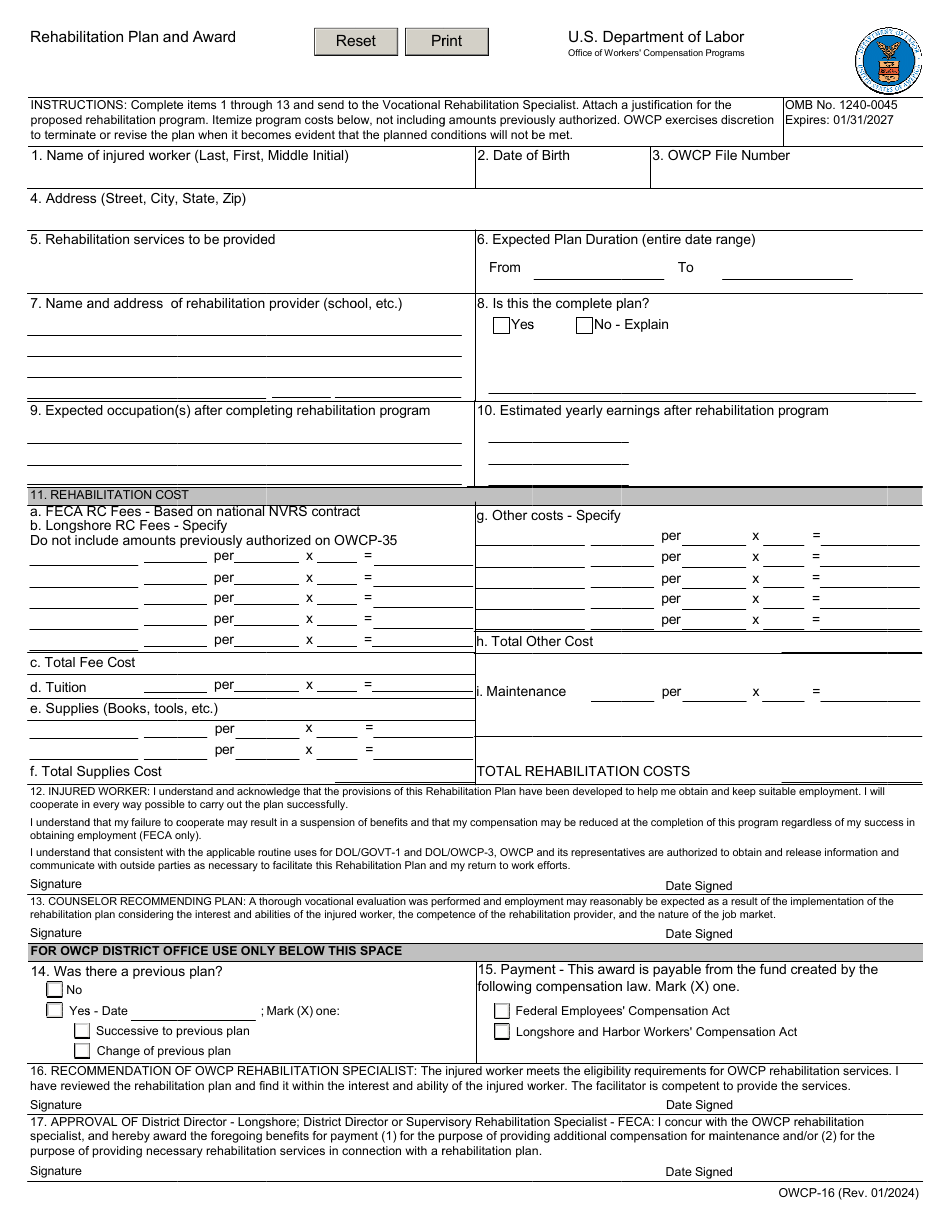 Form OWCP-16 Download Fillable PDF or Fill Online Rehabilitation Plan ...