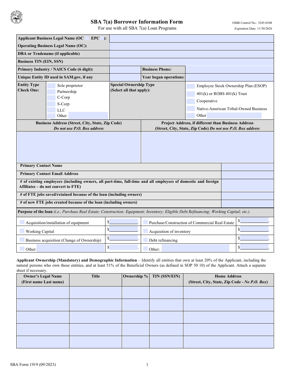 SBA Form 1919 SBA 7(A) Borrower Information Form, Page 1