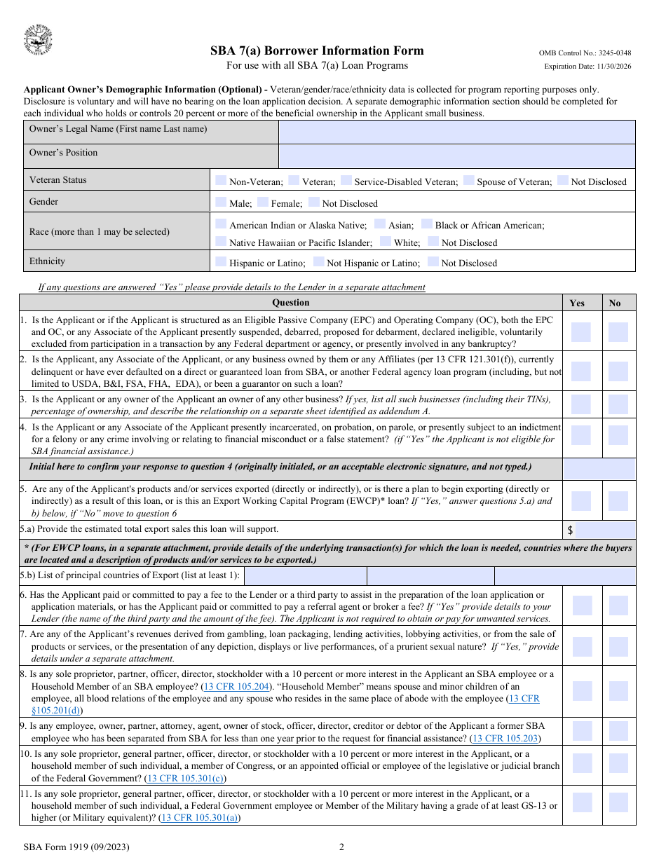 SBA Form 1919 SBA 7(A) Borrower Information Form, Page 2