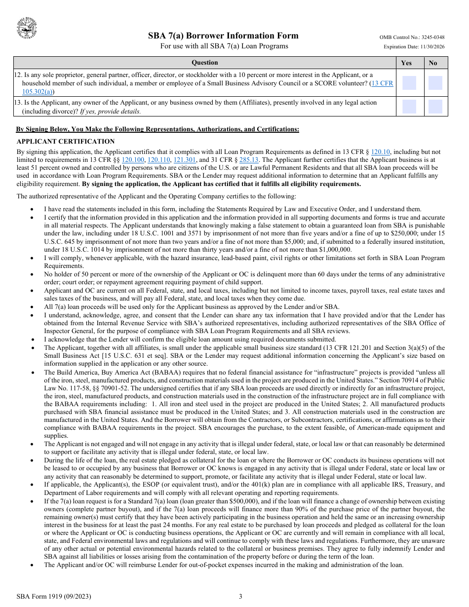 SBA Form 1919 SBA 7(A) Borrower Information Form, Page 3