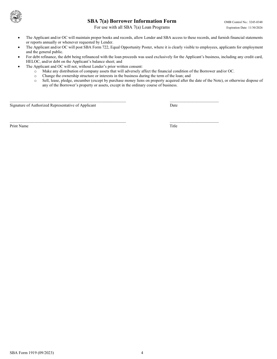 Sba Form 1919 Download Fillable Pdf Or Fill Online Sba 7a Borrower Information Form 3726