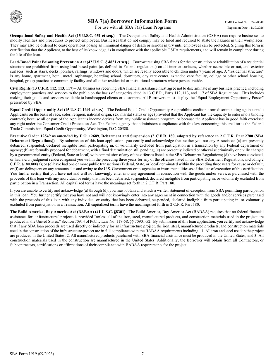 SBA Form 1919 SBA 7(A) Borrower Information Form, Page 7