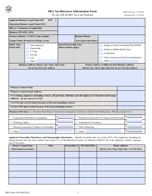 SBA Form 1919 SBA 7(A) Borrower Information Form