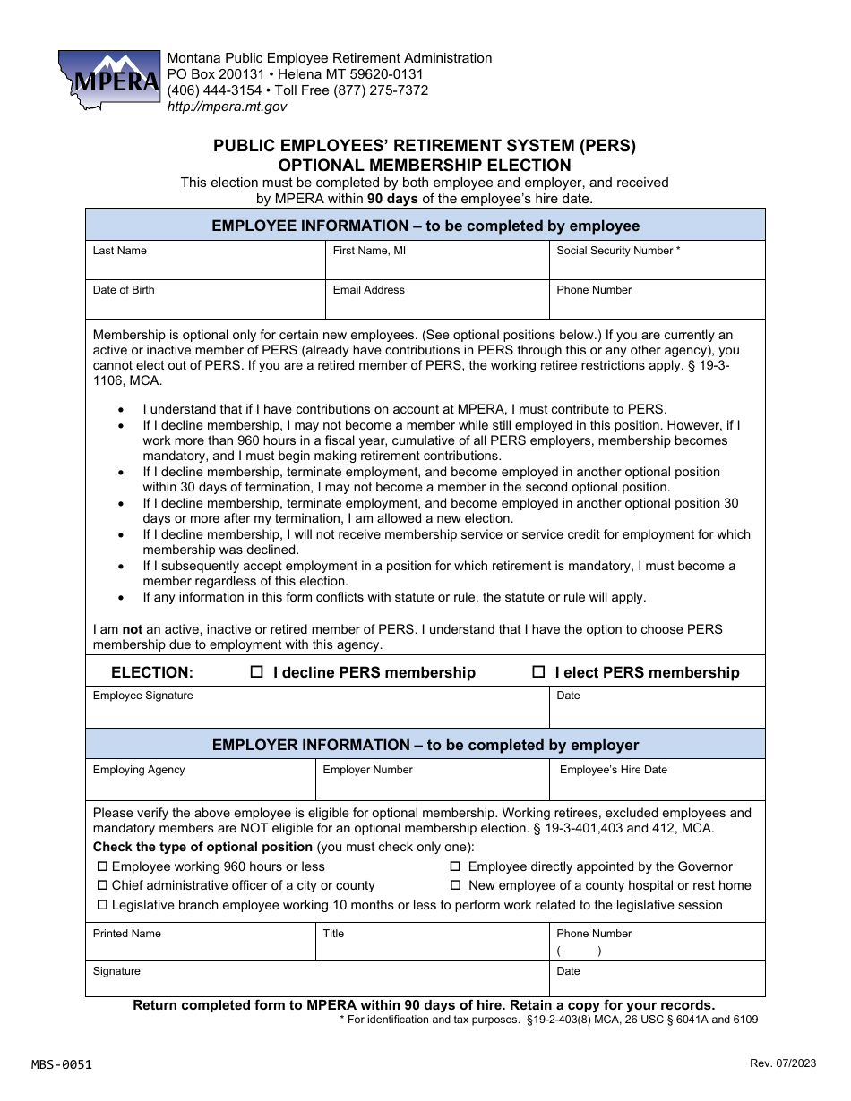Form MBS-0051 Public Employees Retirement System (Pers) Optional Membership Election - Montana, Page 1