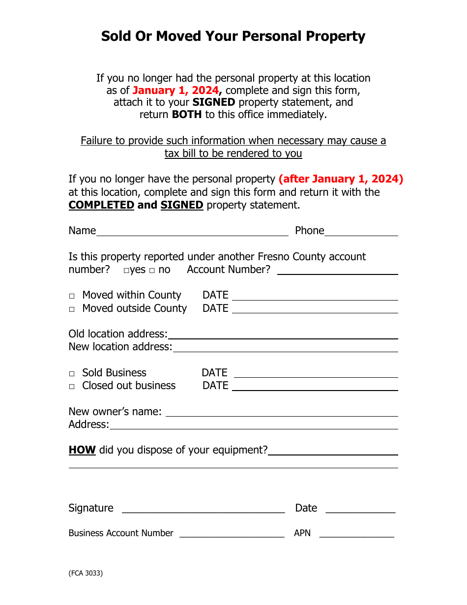 Form FCA3033 Sold or Moved Your Personal Property - County of Fresno, California, Page 1